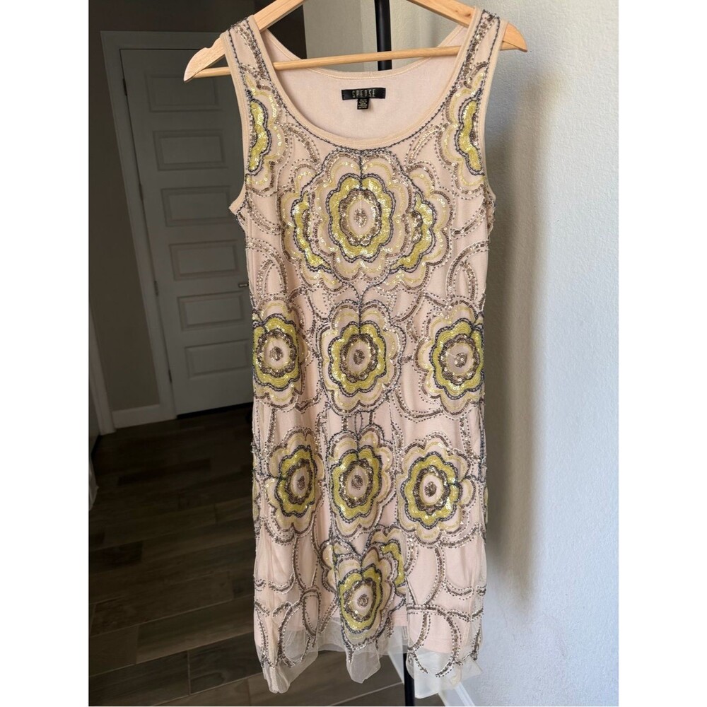 Spense Cream Tan  Midi Dress with Green  Floral Beading Sequin 10